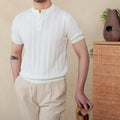 Men's 100% cotton sunken stripe Henry collar short-sleeve T-shirt in creamy-white