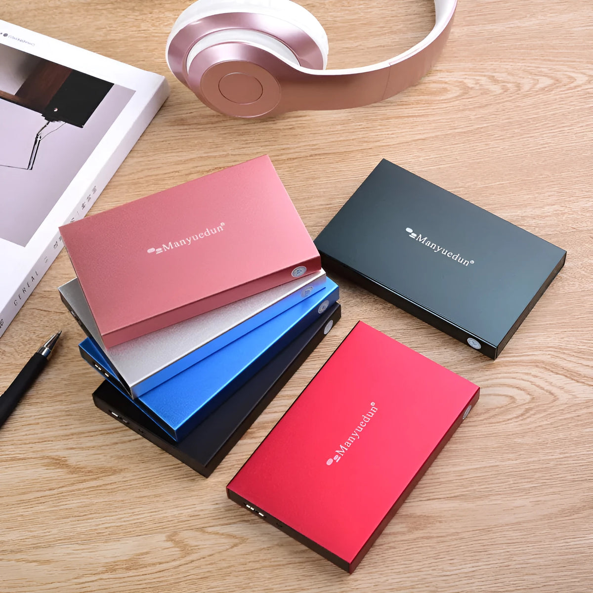 2.5 inch metal mobile hard drive in silver grey, blue, pink, red, or black with data cable and protective cover