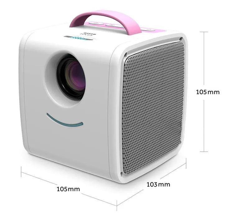 Mini home theater projector with 20W LED bulb projecting onto a wall, available in Blue US or Pink US colour options