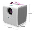 Mini home theater projector with 20W LED bulb projecting onto a wall, available in Blue US or Pink US colour options