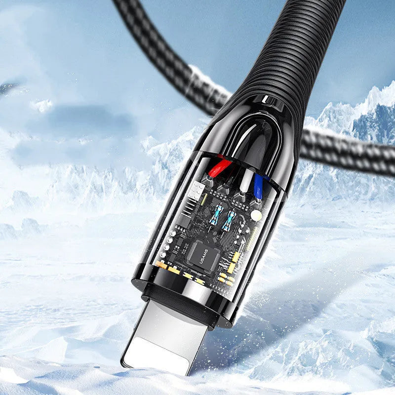 Lightning USB cable with smart power off, zinc alloy connectors and braided fishing line sheath, in black or dark green