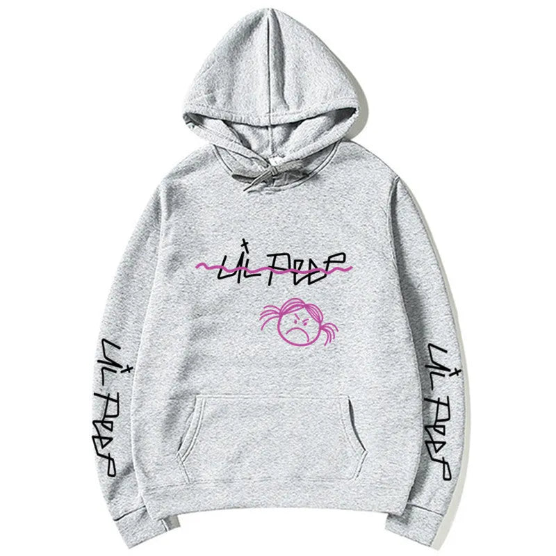 Lil Peep hoodie in beige with white word printing and three-dimensional patch pocket, plus-velvet lining inside