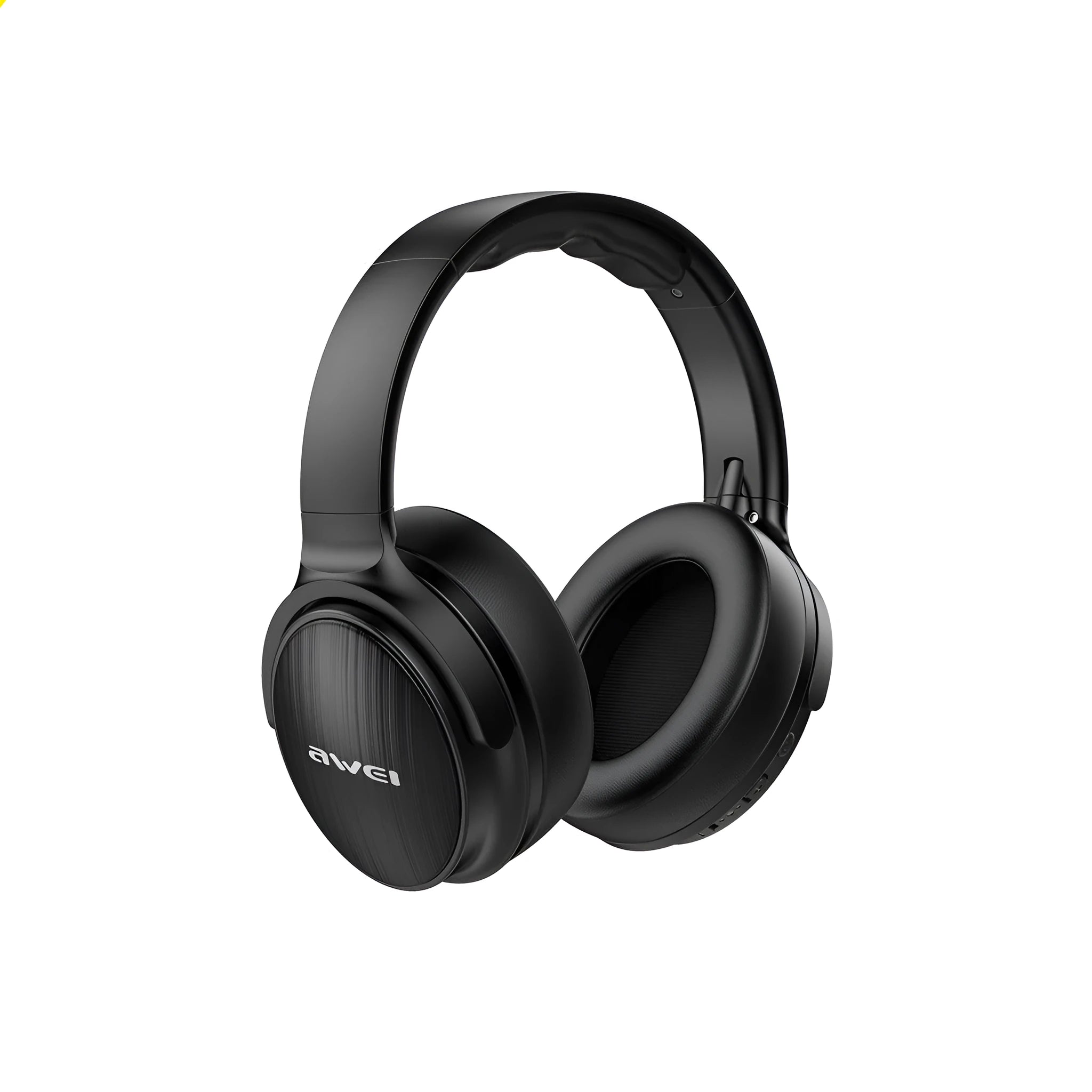 Awei black wireless Bluetooth over-ear headphones folded with audio cable and charging cable visible