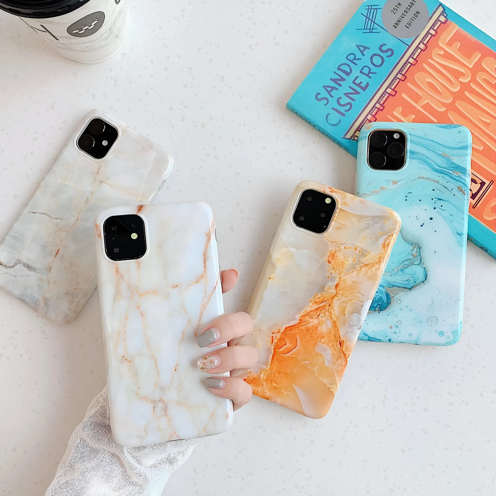 Frosty marble silicone phone case back cover with geometric pattern, available in multiple colours for iPhone