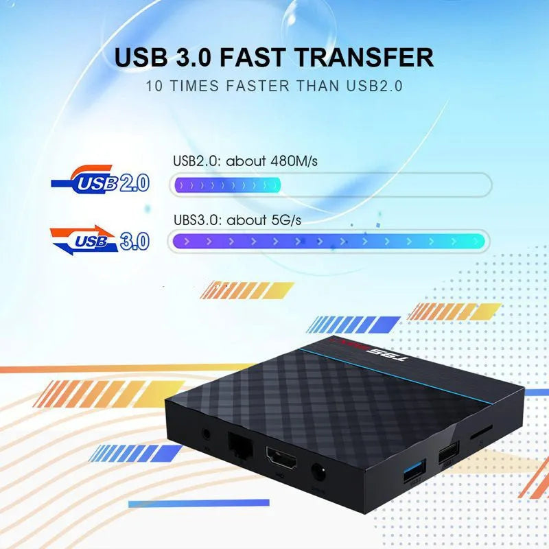 Black T95 Max Plus Android TV Box with remote control, showing ports for HDMI and power.