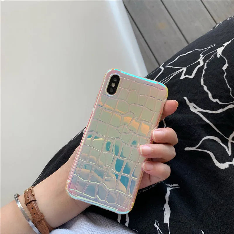 Silver laser finish silicone iPhone case showing glossy texture and protective design