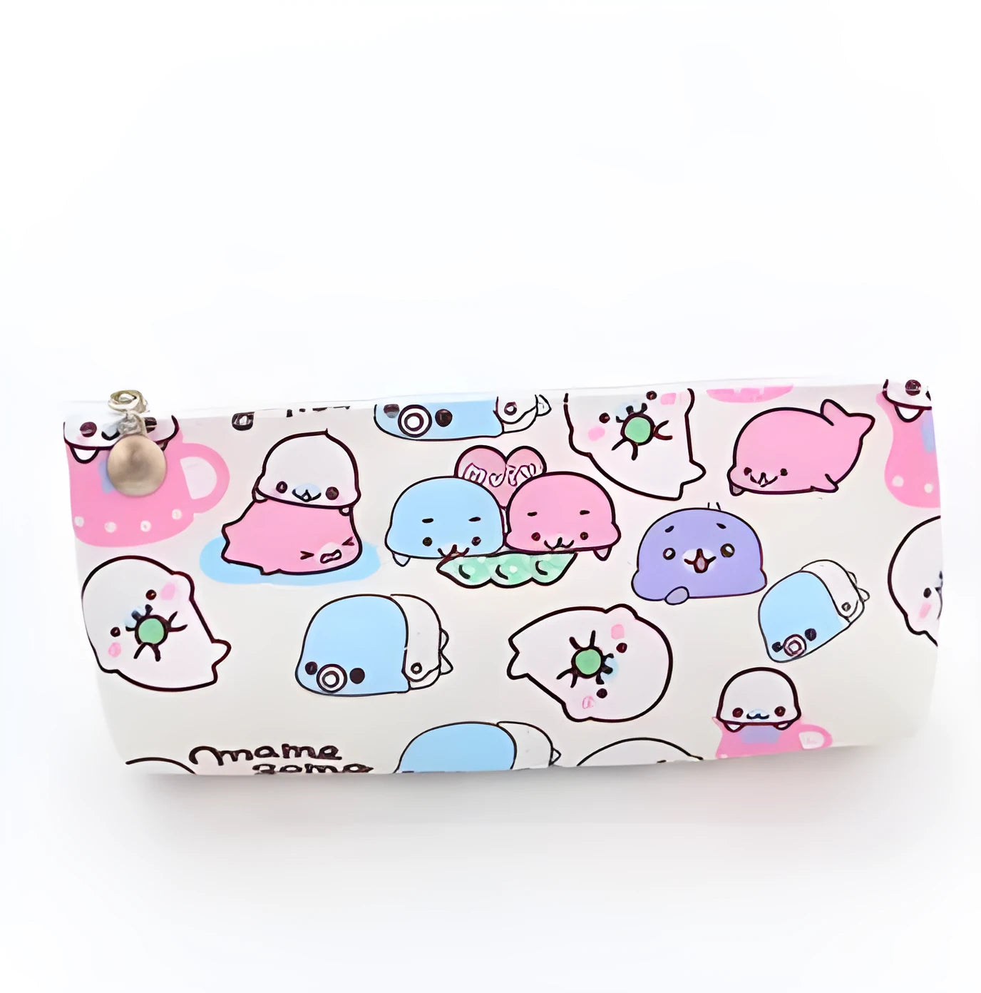 Creative Corner PU leather triangle pencil case in blue with cartoon creature design and large zipper