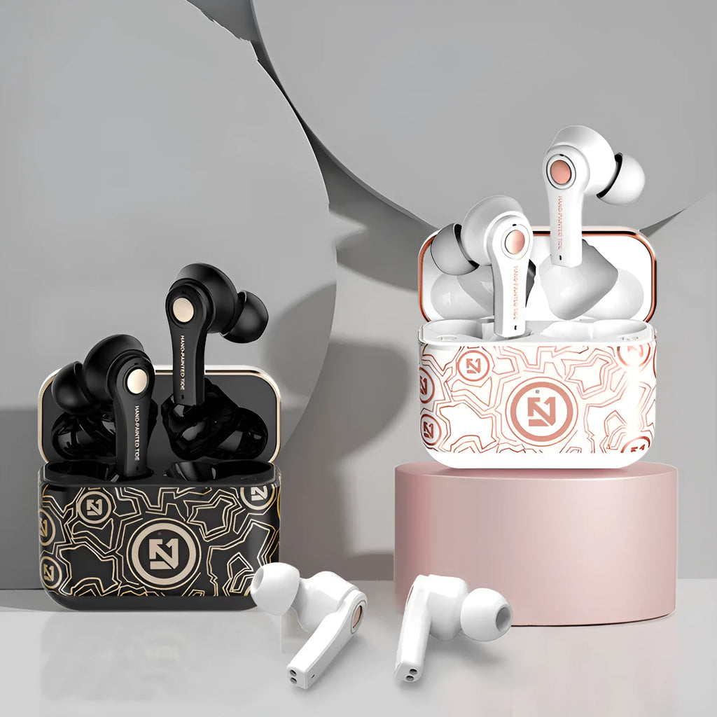 Black and white TWS wireless in-ear headphones with a matching Type-C charging case.