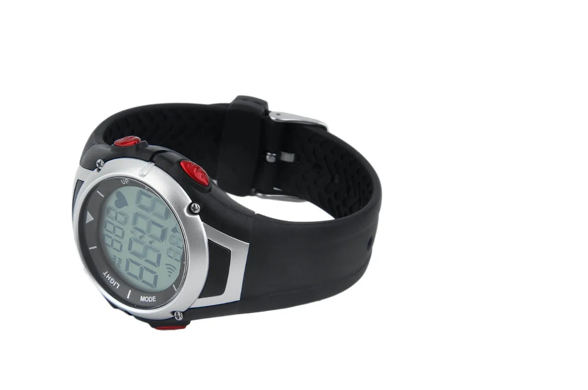 Black rubber and steel heart rate monitor watch with chest strap, 3m waterproof, round dial, backlight