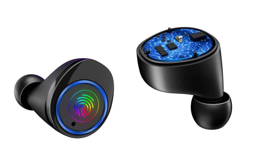 Black X11 wireless Bluetooth earbuds and their portable charging case on a white background.