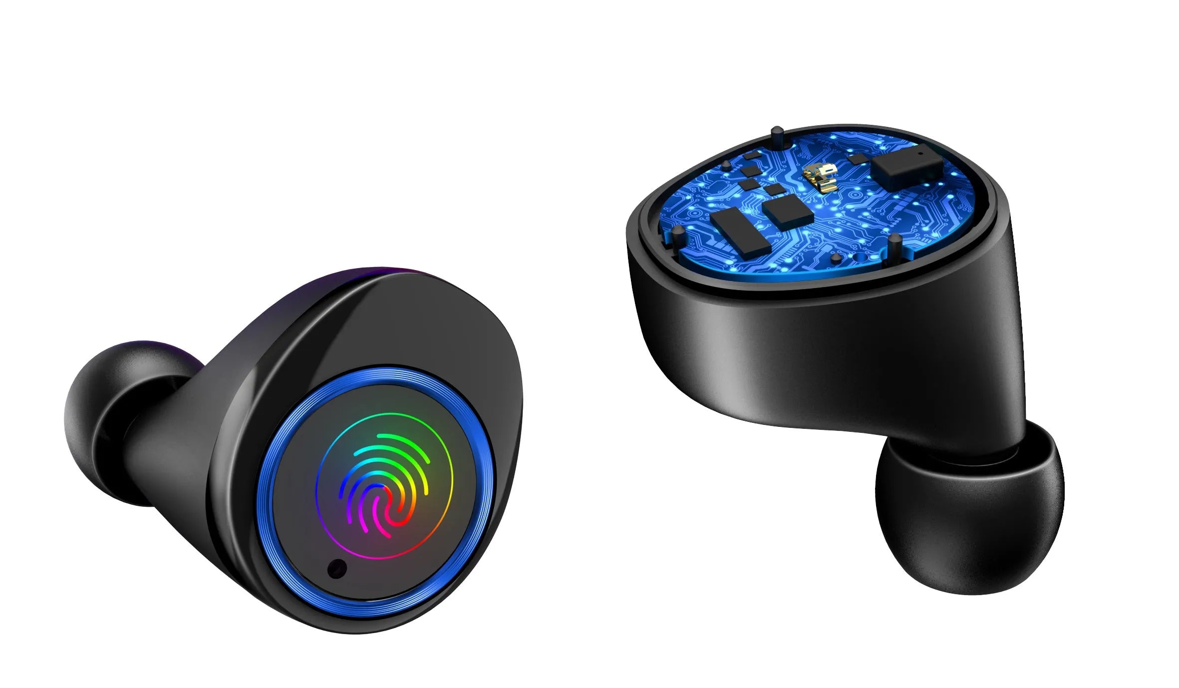 Black X11 wireless Bluetooth earbuds and their portable charging case on a white background.