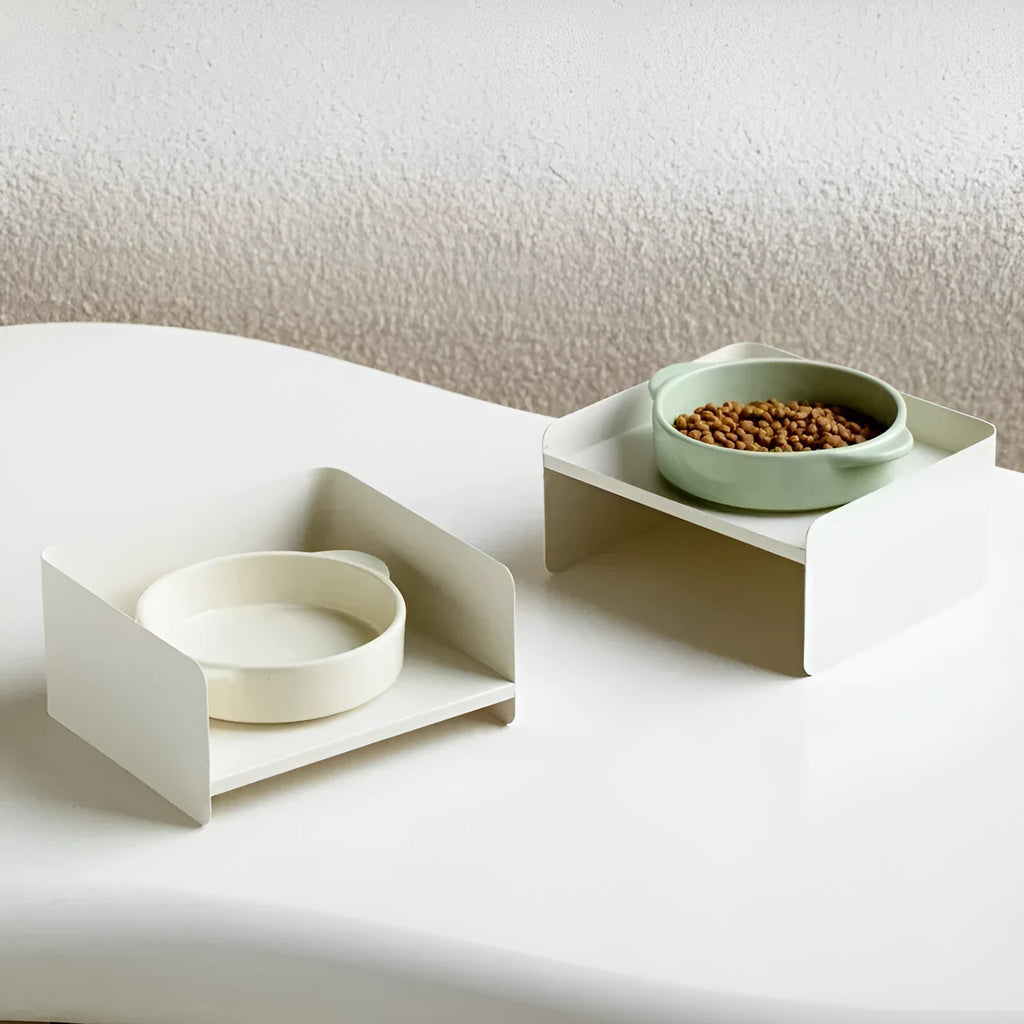Raised metal pet bowl with ceramic base, green colour, for cat or dog feeding