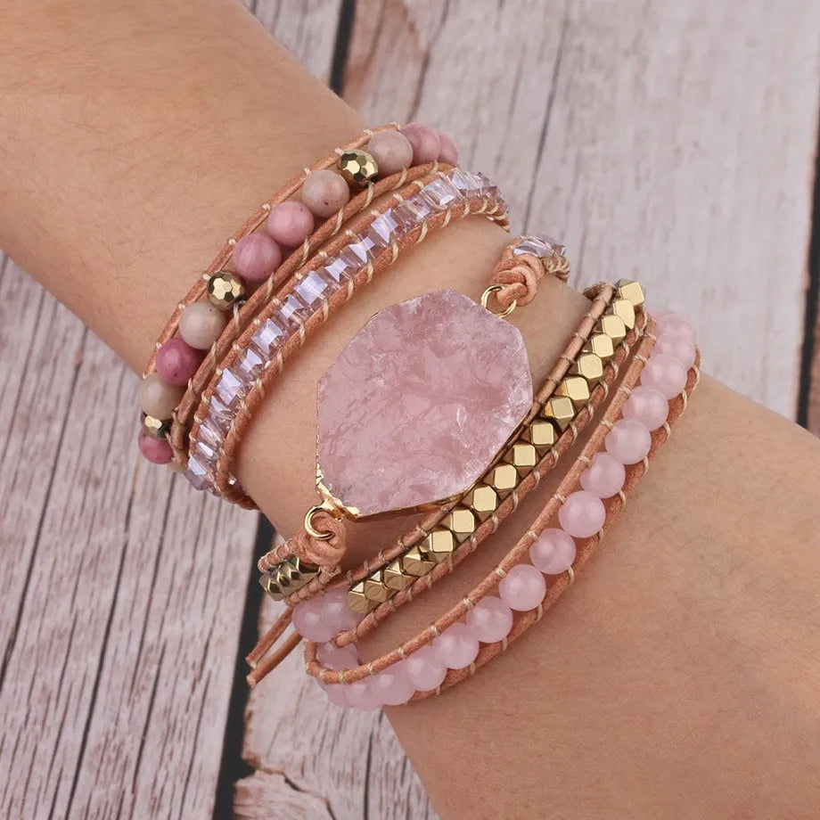 Natural rose quartz leather wrap bracelet 5 strand boho style on wrist