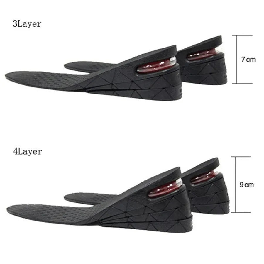 Black PVC height increase insoles with visible stacked layers, 27cm length, for men's shoe lifts