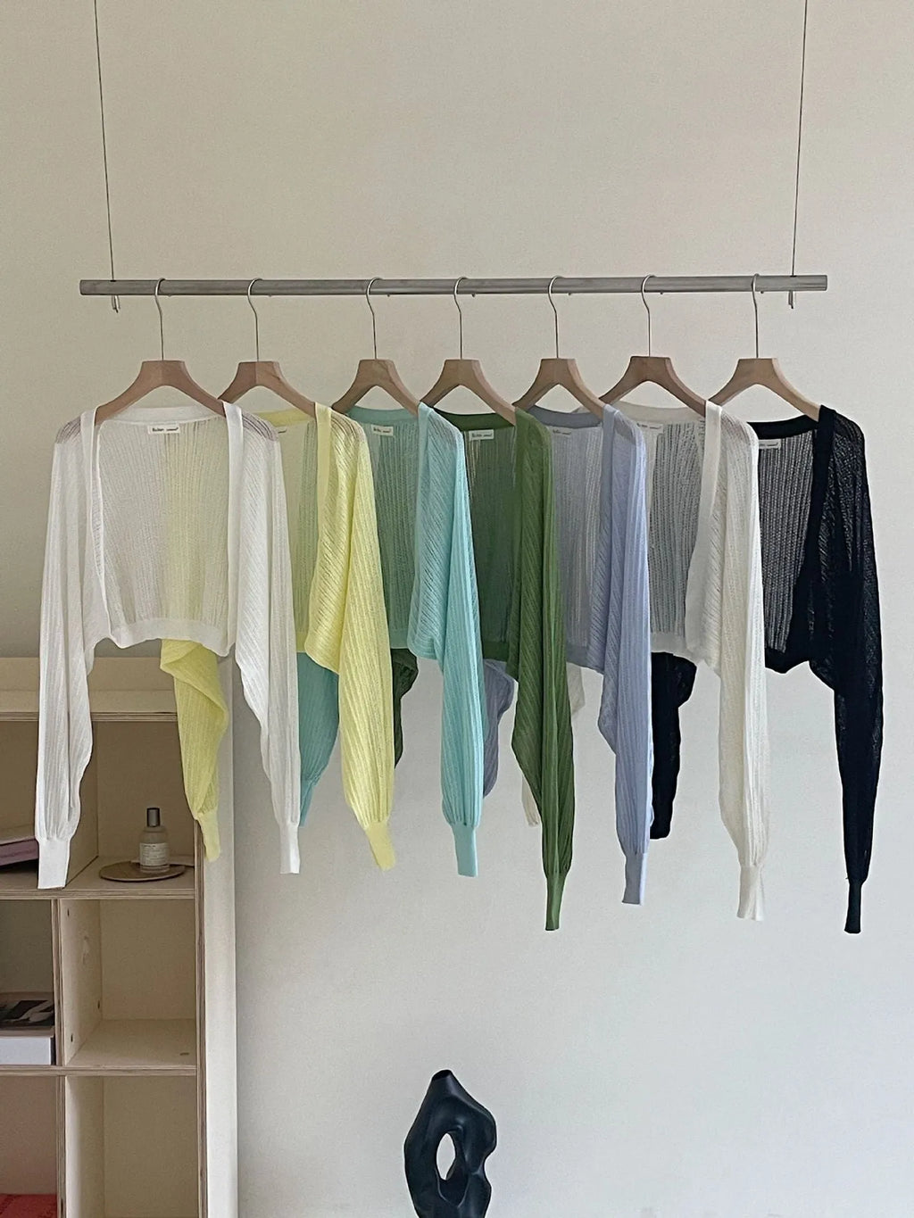 Hollow thin loose lantern sleeve sun protective blouse in polyester linen blend, available in multiple colours