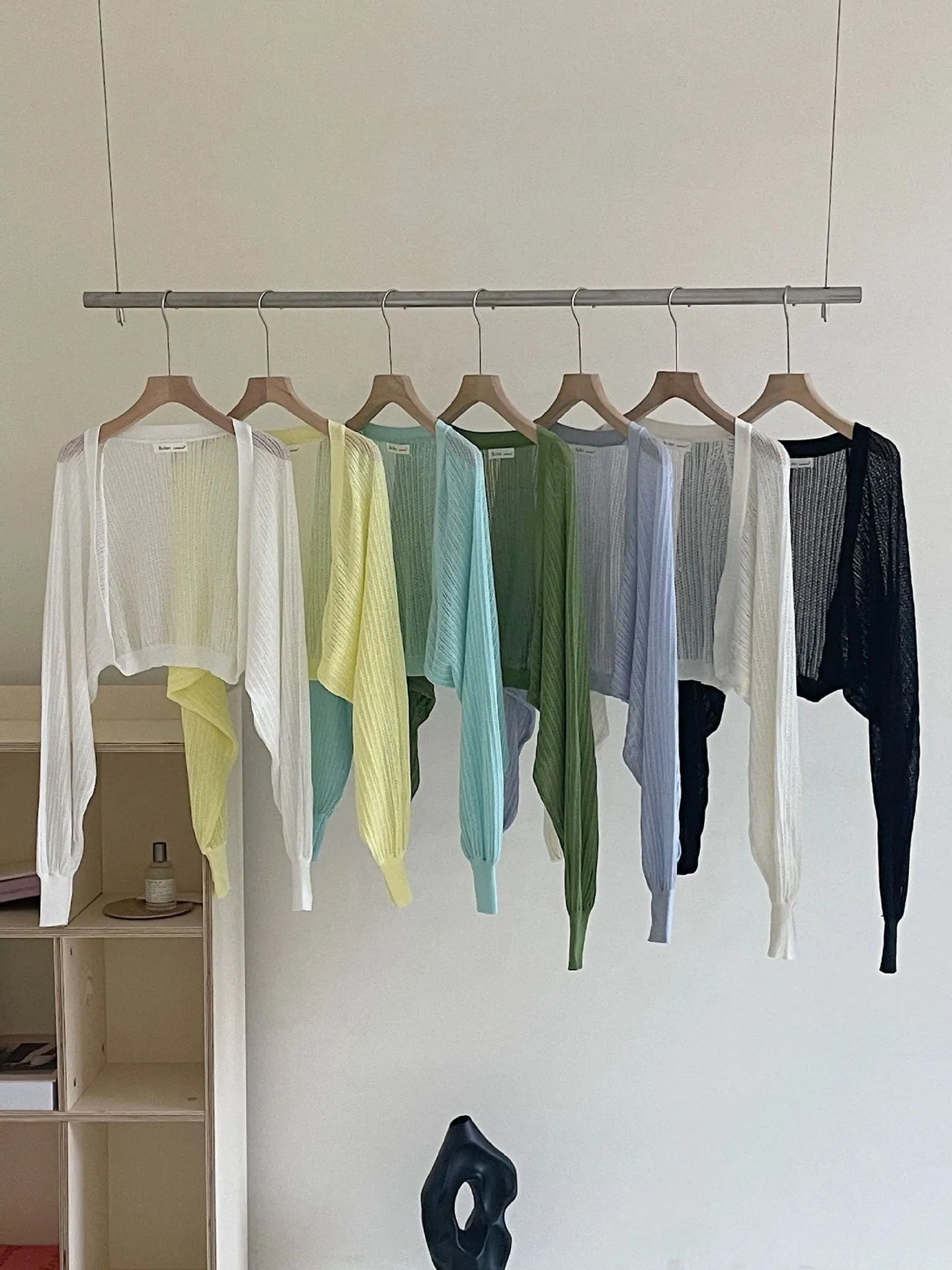Hollow thin loose lantern sleeve sun protective blouse in polyester linen blend, available in multiple colours