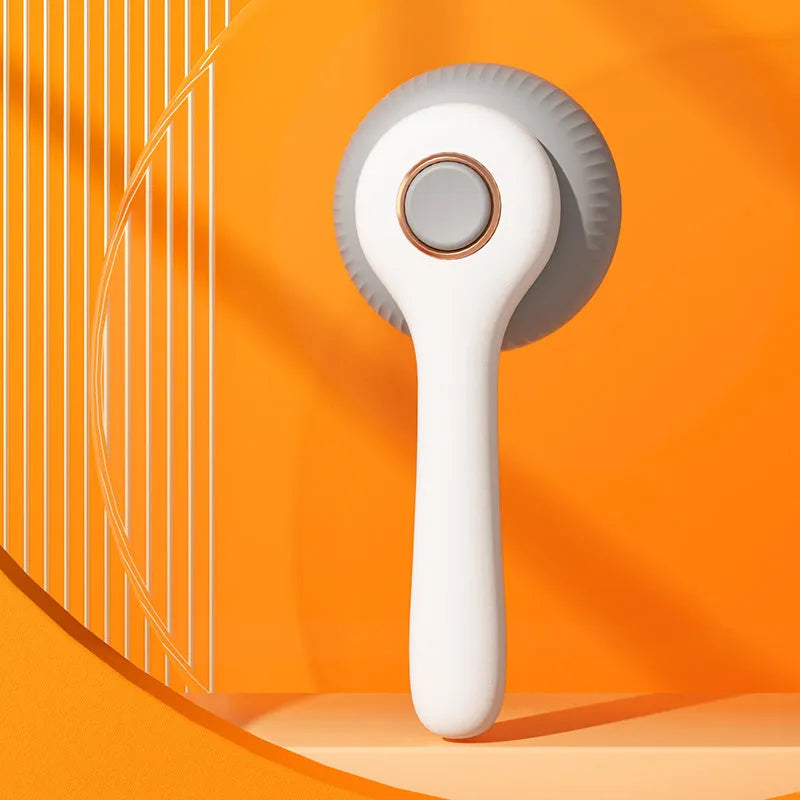 Blue and white dual-sided pet grooming brush for cats and dogs with self-cleaning feature.