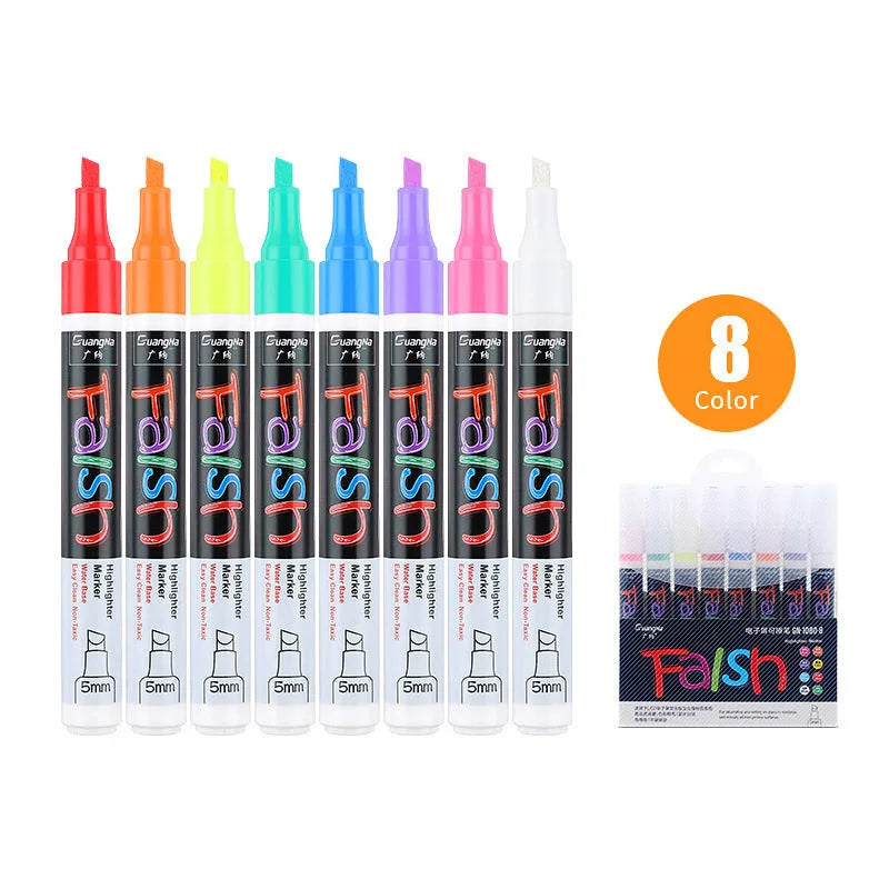 Oblique-shaped electronic fluorescent plate highlighter pen with plastic shell and 6mm tip, shown with multi-colour refills.