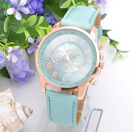 Retro GENEVA quartz watch with three-eye chronograph and brown leather belt on wrist