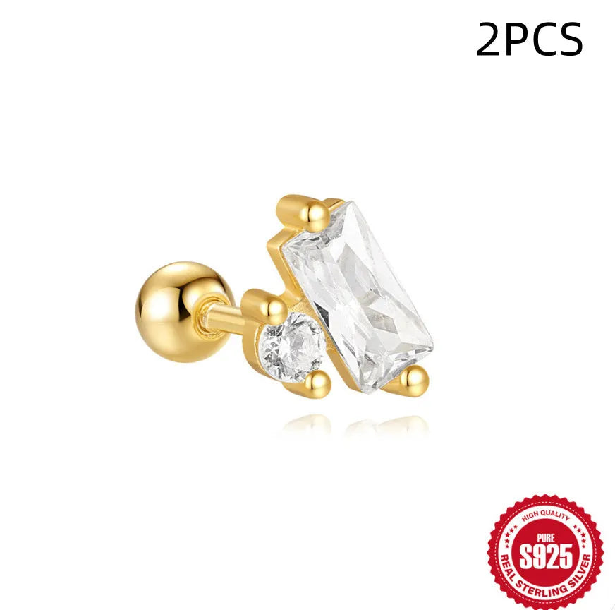 S925 sterling silver red flower stud earrings with square gravel detailing in gold tone
