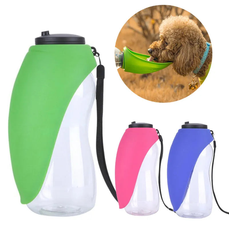 Portable pet water bottle with drinking bowl in sky blue, showing key lock and wide sink design.