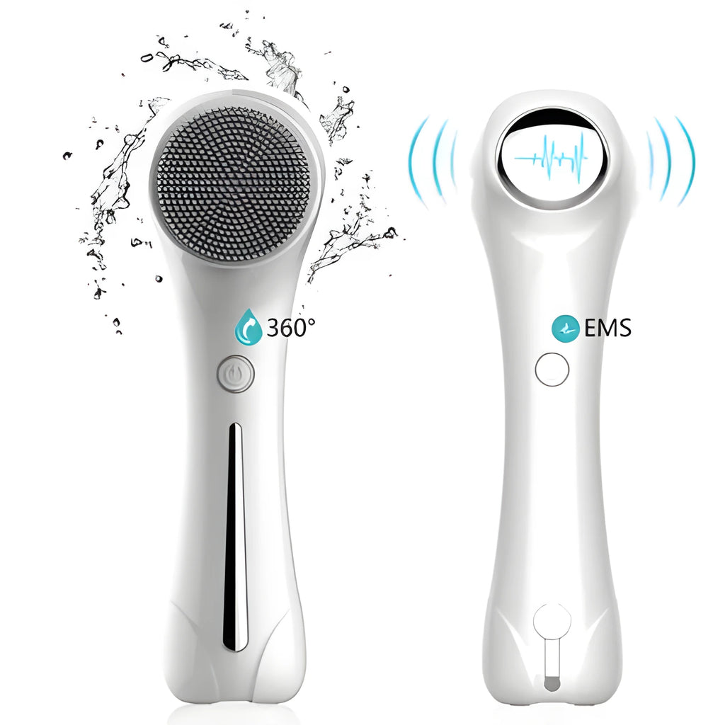 Blue electric facial cleansing brush with USB cable and 30ml water tank on white background