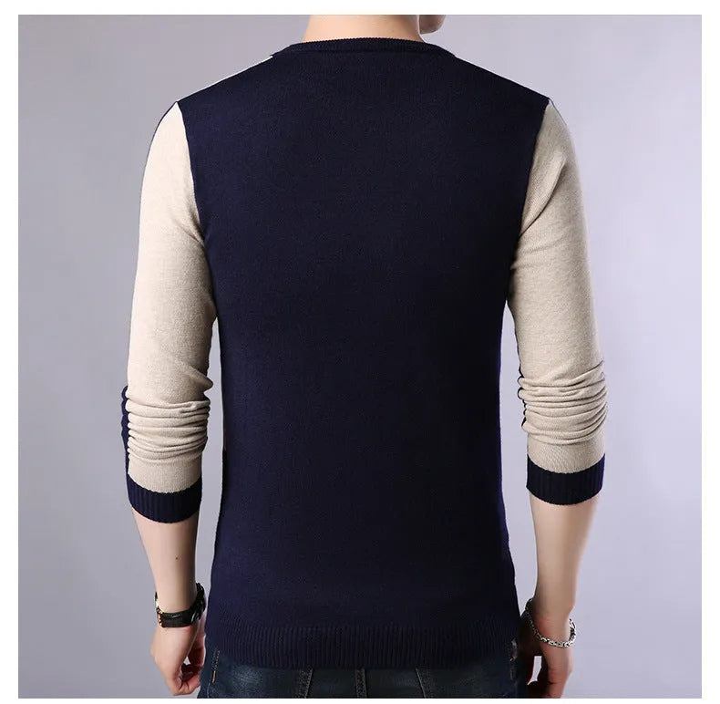 Men's wool crew neck pullover in black, dark blue, and red, sizes M to 3XL