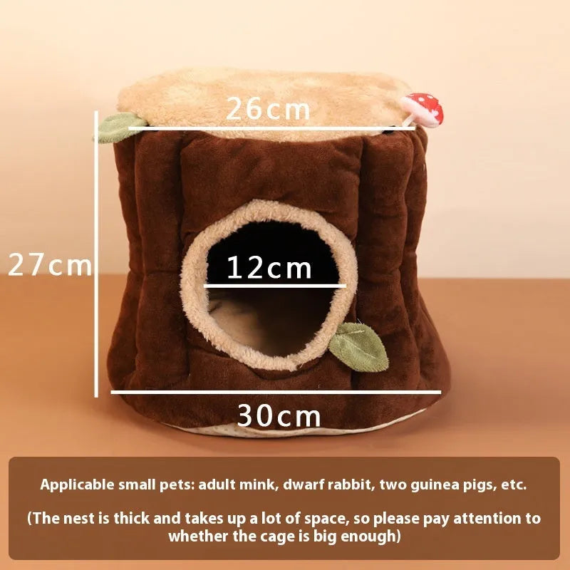 Brown cloth hanging stump nest for rabbits or small pets, shown in three size options S, M, L.