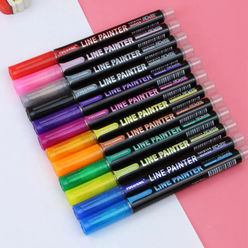 12-colour double line outline pen set in metal case with 1mm-2mm width plastic pen heads