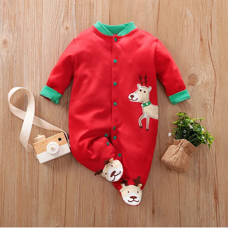 Cotton baby bodysuit with red deer print, short sleeves, sizes 59cm to 80cm, 99.9% cotton.