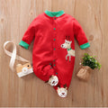Cotton baby bodysuit with red deer print, short sleeves, sizes 59cm to 80cm, 99.9% cotton.