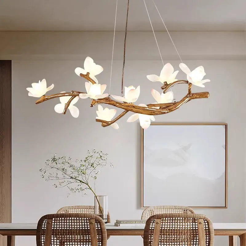 Nordic resin 8-head lotus chandelier for restaurant villa living room ceiling with warm light bulb