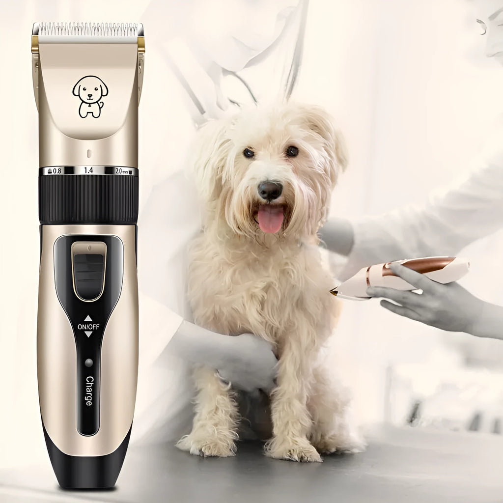 Dog shaver with titanium ceramic blade, 4 guide combs, charging cable, and accessories on white background
