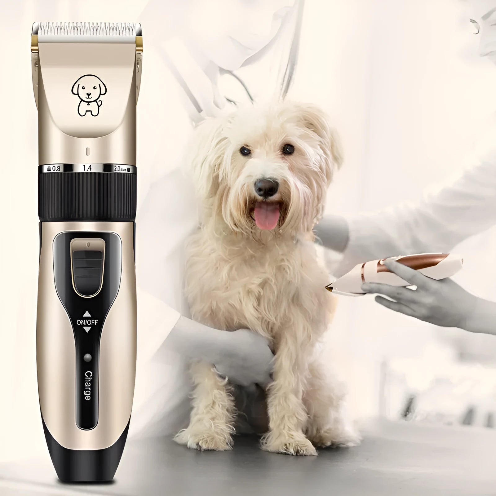 Dog shaver with titanium ceramic blade, 4 guide combs, charging cable, and accessories on white background