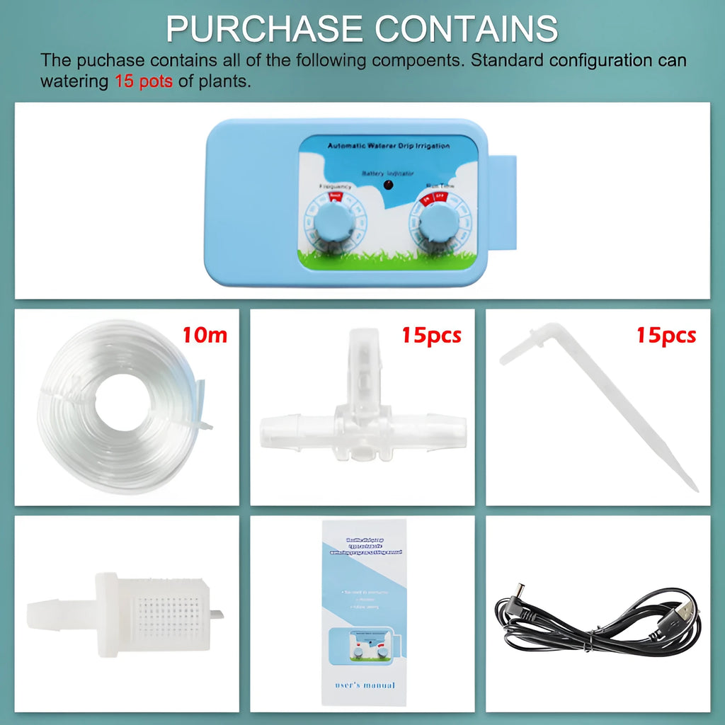 Blue plastic drip irrigation controller with smart timing for garden watering