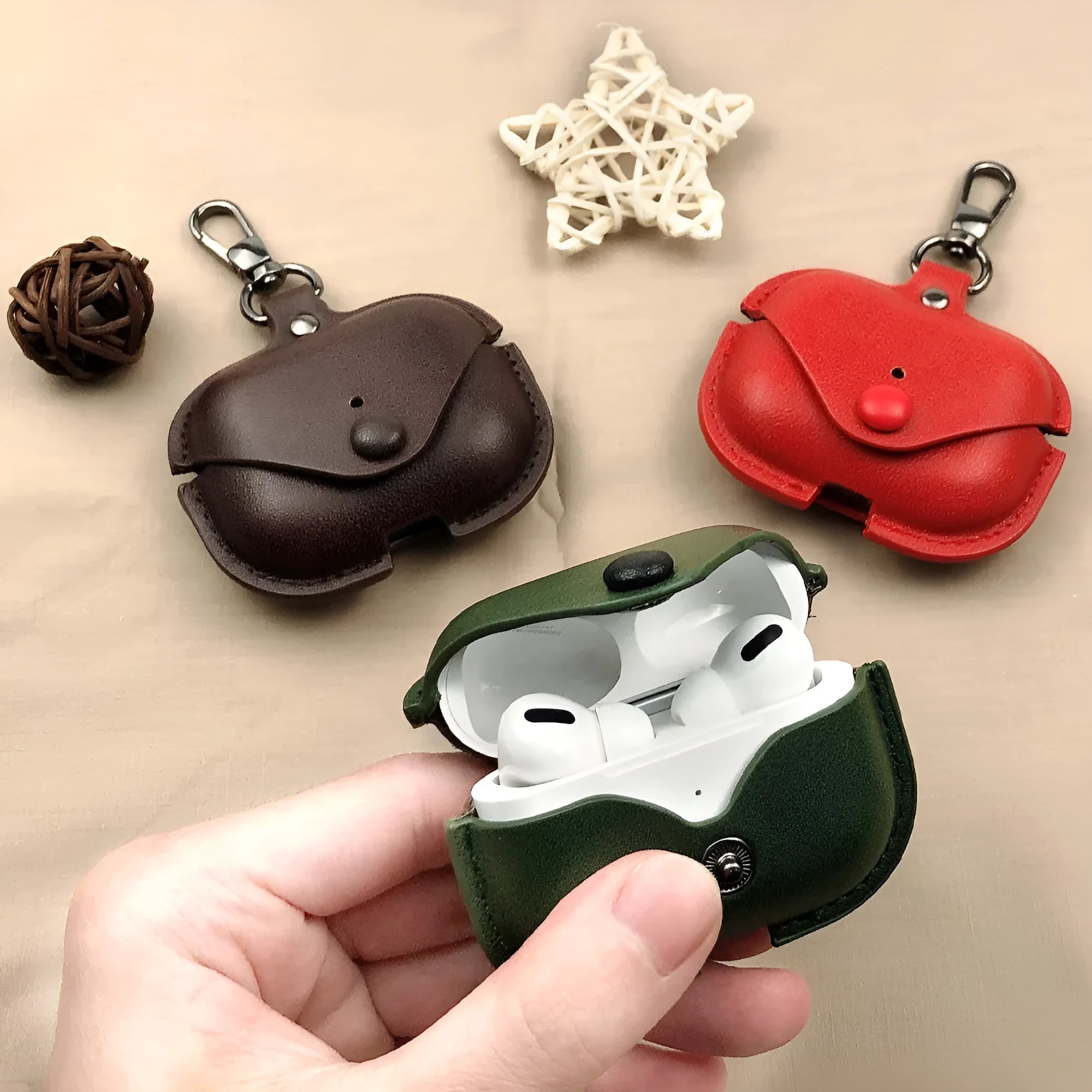 Hot pressed black PU protective case for AirPods Pro wireless headset showing car line stitching.