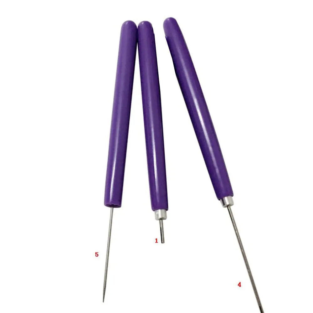 Purple quilling paper tool set with five slotted pens and needle stylus on white background