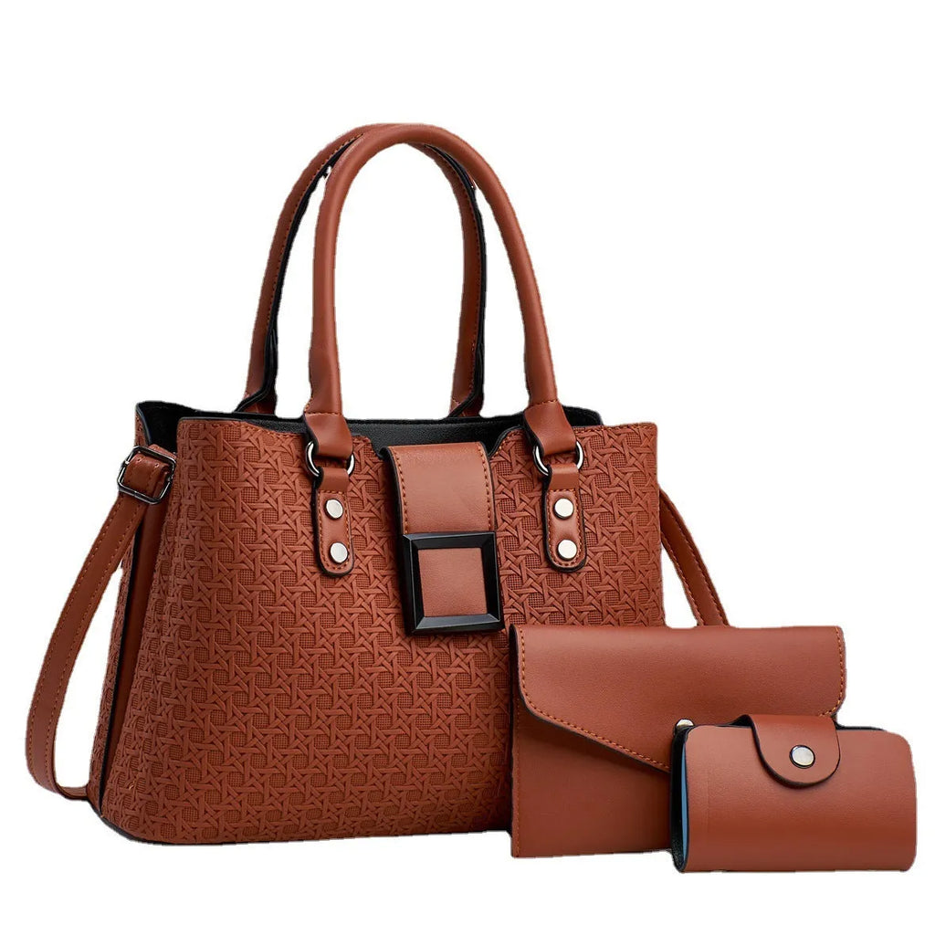 Three-piece textured women's crossbody bag in square vertical shape with weaving detail and single shoulder strap