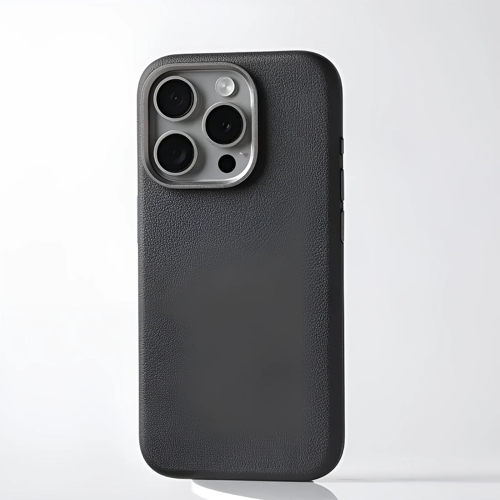 Genuine leather MagSafe magnetic iPhone case with alloy metal lens surround in black colour