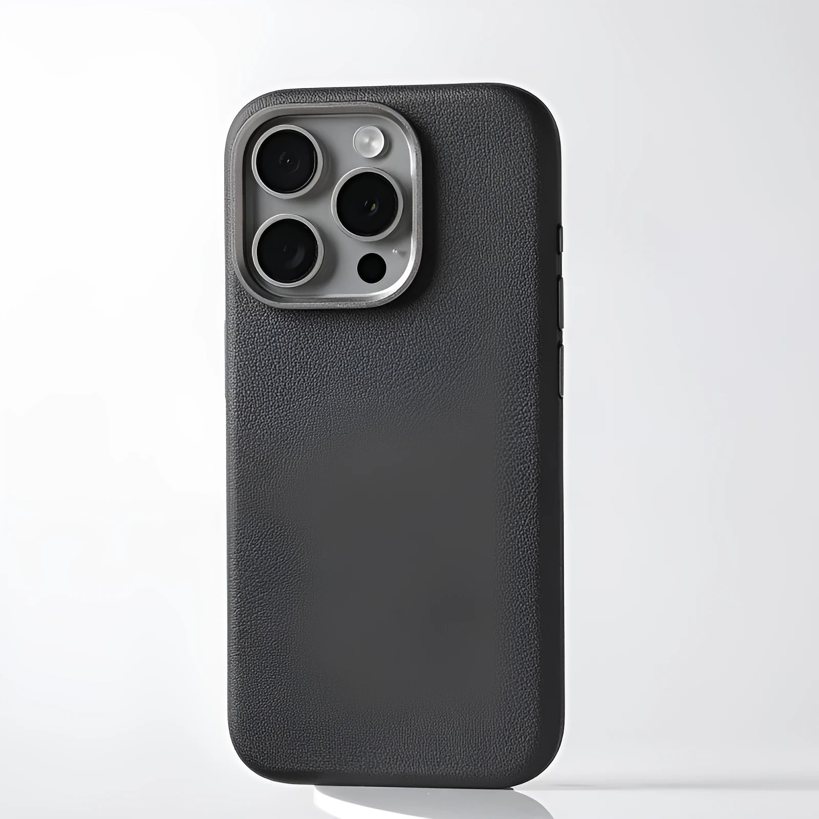 Genuine leather MagSafe magnetic iPhone case with alloy metal lens surround in black colour