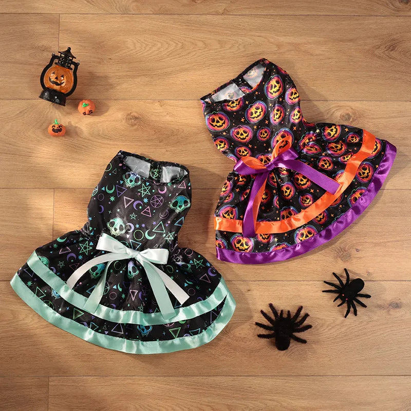 A double-layer Halloween pet skirt for dogs in a colourful pumpkin print, shown in size M.