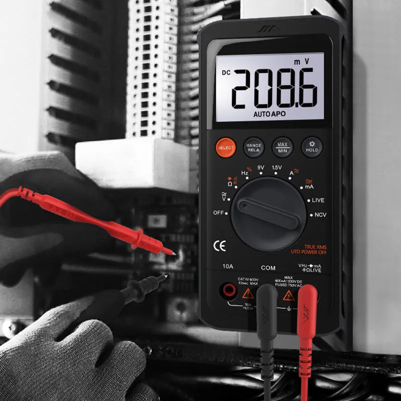 High precision digital multimeter with LCD display, black casing, 153 x 70 x 53 mm, battery powered.