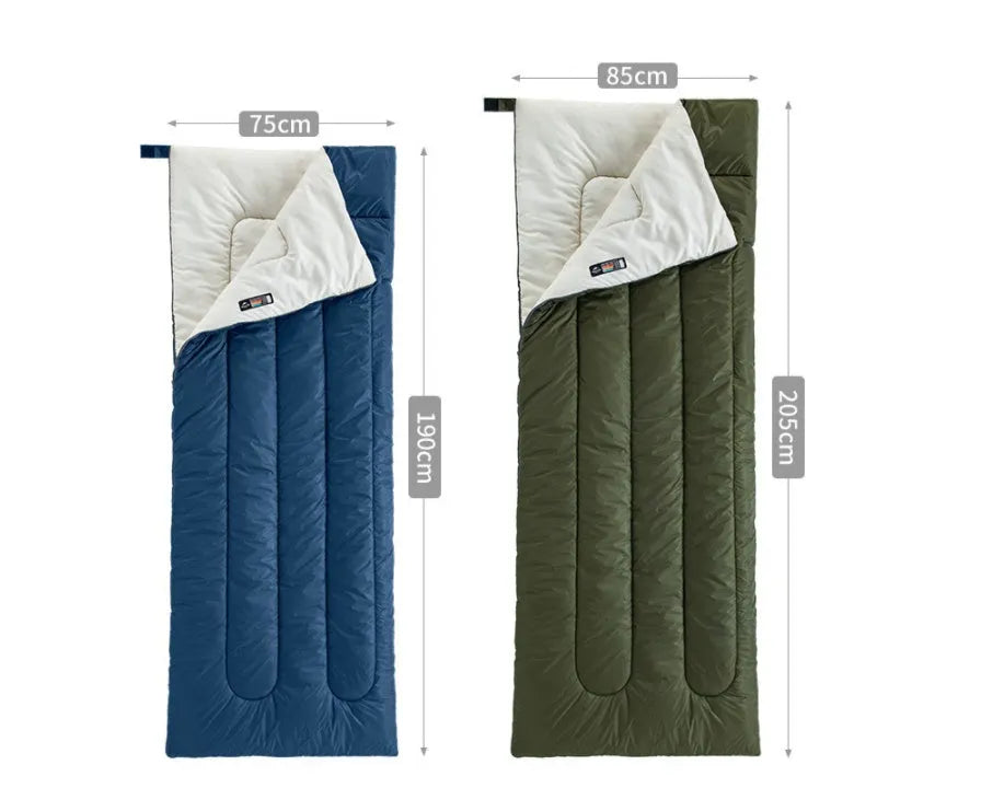 Camping thin portable envelope cotton sleeping bag in army green, hollow cotton filling, pongee lining, polyester silk spinning outer fabric