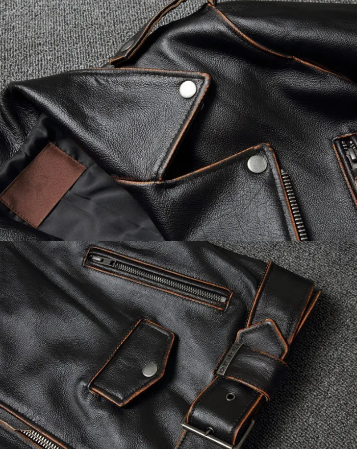 Harley's cowhide leather motorcycle jacket for men, black, short length, skinny fit, with lapel collar and zipper front