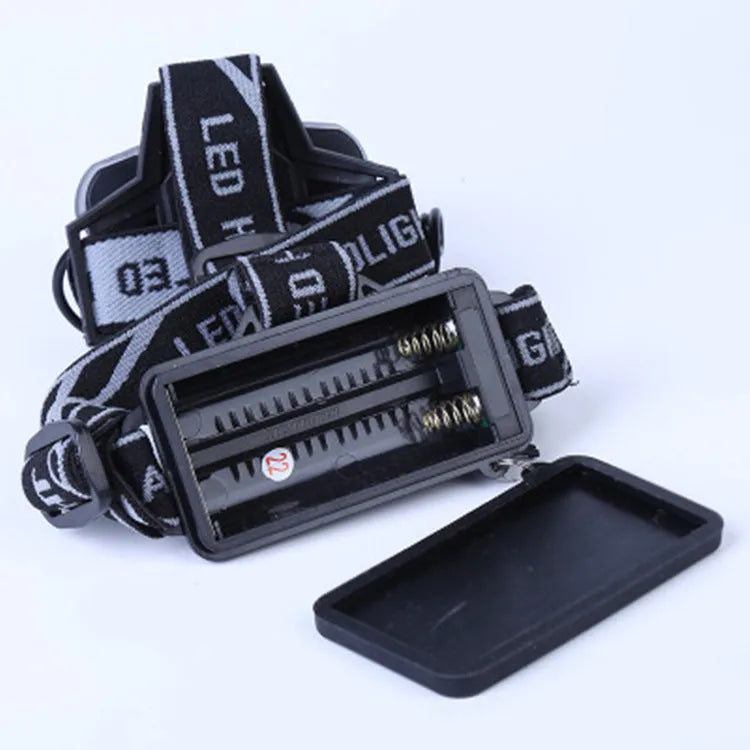 Fixed focus headlamp with head strap, showing long-range beam for outdoor camping.