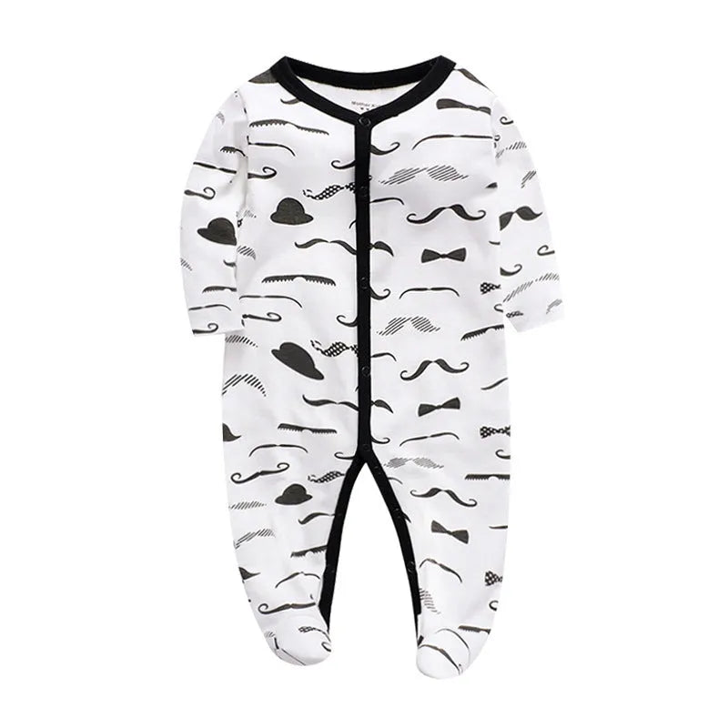 Cotton baby one-piece romper in a dinosaur print style for infants, showing size options from 3 to 12 months.