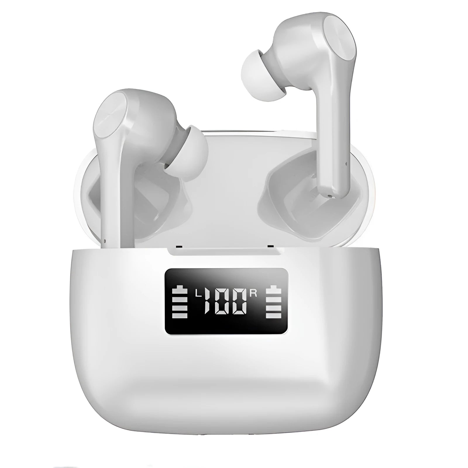Cool black wireless noise cancelling earbuds with charging case on a white background.