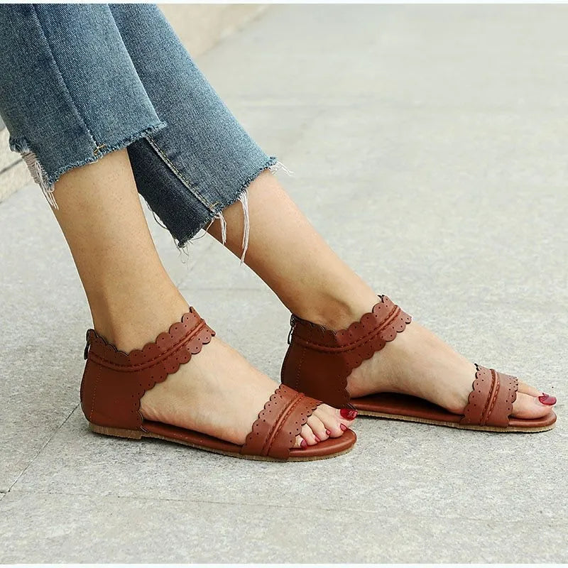 Ladies sandals with artificial PU upper and beef tendon sole, shown in black, brown, purple, and reddish brown colours, sizes 34-43