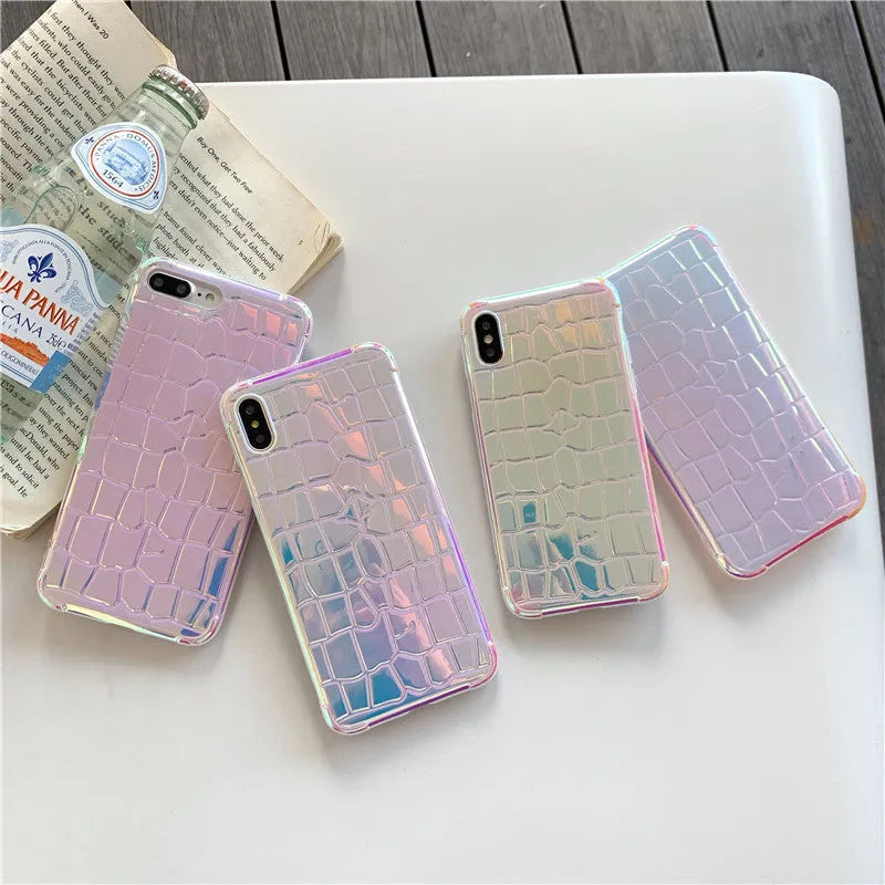 Silver laser finish silicone iPhone case showing glossy texture and protective design