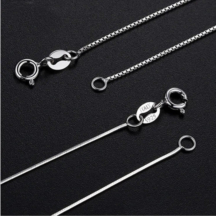 S925 sterling silver necklace with plated finish in one of eight styles on white background